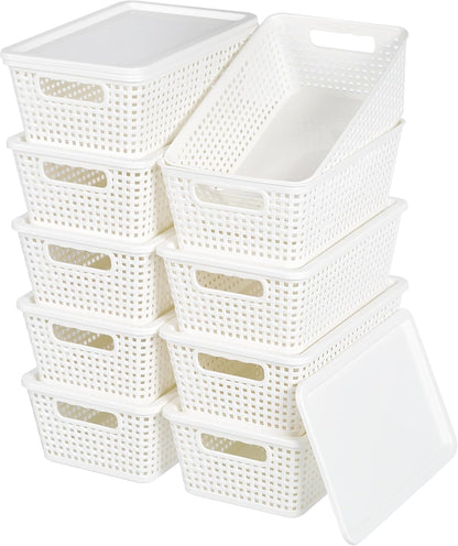 Plastic Storage Baskets With Lid, Storage Bins for Organizing, Stackable Decorative Containers for Shelves Drawers Desktop Closet Playroom Classroom Office, 10 Pack-White