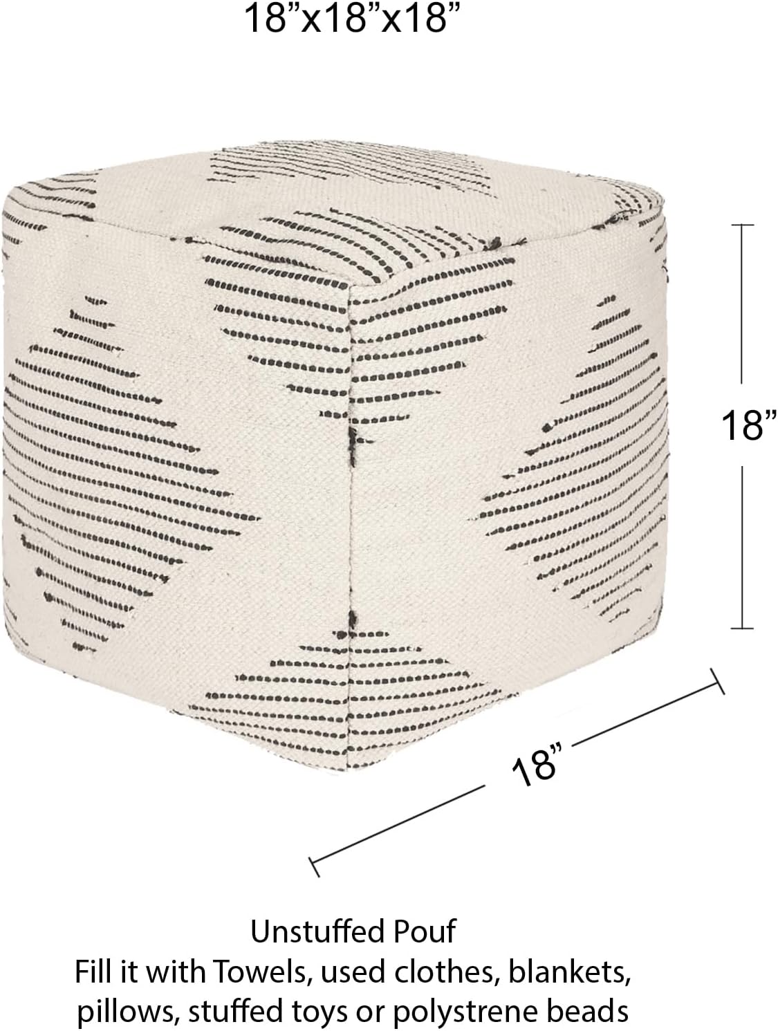 REDEARTH · UNSTUFFED Pouf Ottoman Cover Textured Boho Storage Square Home Decor Poof Pouffe Space Saver Footrest for Living Room, Bedroom, Nursery, Kidsroom; 100% Cotton (18"x18"x18"; Black)