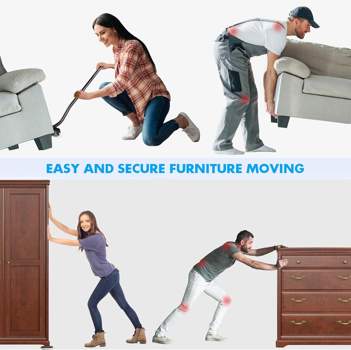 Furniture Lifter Tool + 8-Pack of 3.5" Sliders, Save 80% Effort, Safely and Easily, The Lift and Glide Tool Set for Heavy Furniture and Appliances, Reusable Moving Pads, Floor Protectors for Carpet