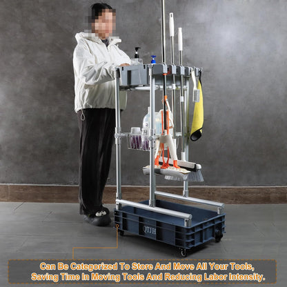 Rolling Cleaning Cart with Mop & Broom Organizer ， Convenient Storage Cart for Janitorial Supplies, Tools, and Cleaning Equipment ， Floor Cleaning Station with Wheels for Housekeeping, Garage &Garden