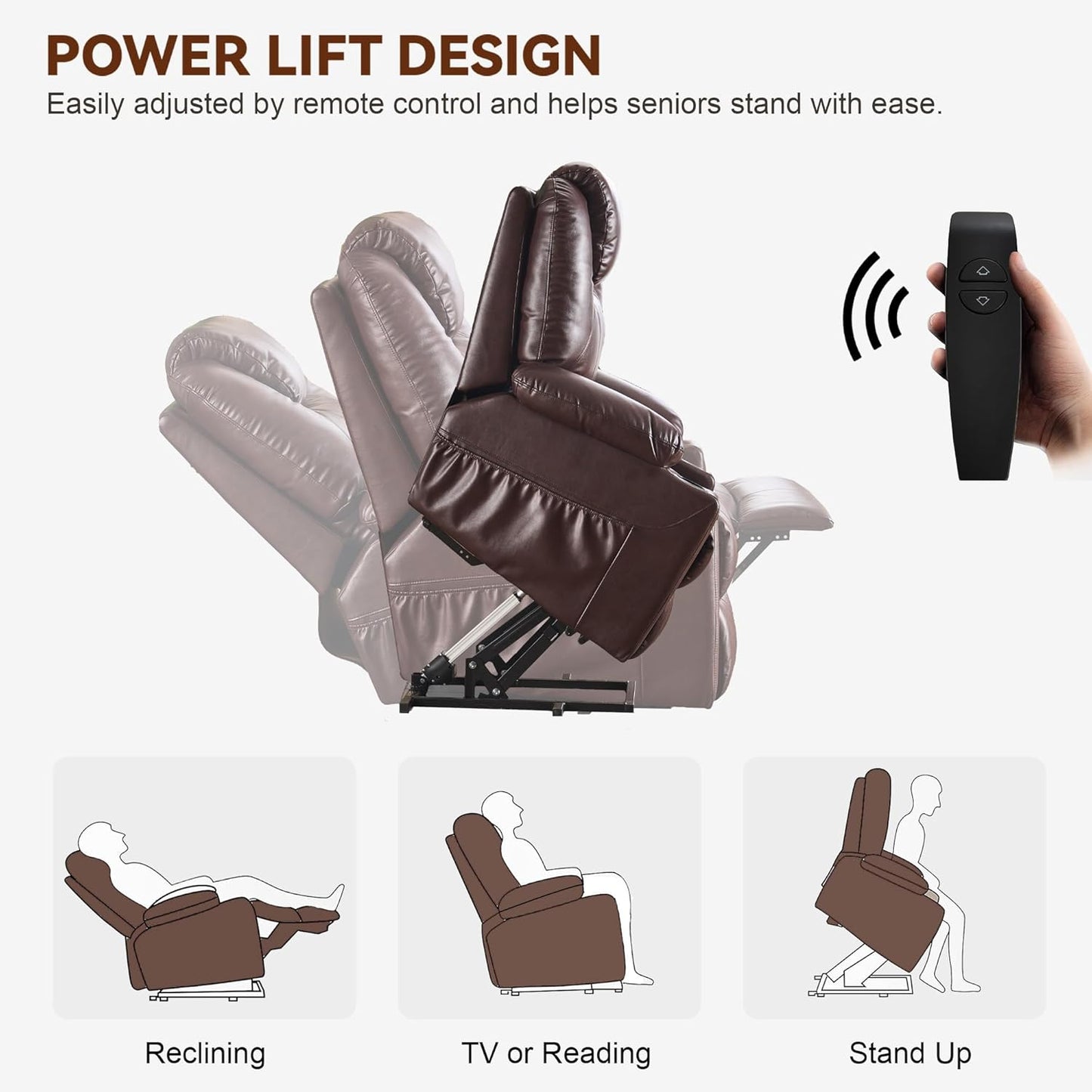 SALOHZA Power Lift Recliner Chair for Elderly with Massage and Heat for Living Room, Electric Recliner Chair for Adults with USB/Type C Port/Cup Holders, PU Faux Leather, Chocolate Brown