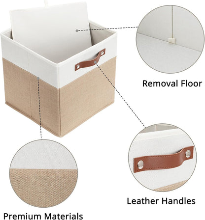 HNZIGE Fabric Storage Cubes, Cube Storage Bins 12 x 12, Set of 4, Decorative Storage Baskets for Shelves with Handles,Foldable Bins for Cube Shelf Organizer Home Toy Nursery Closet(Beige White)