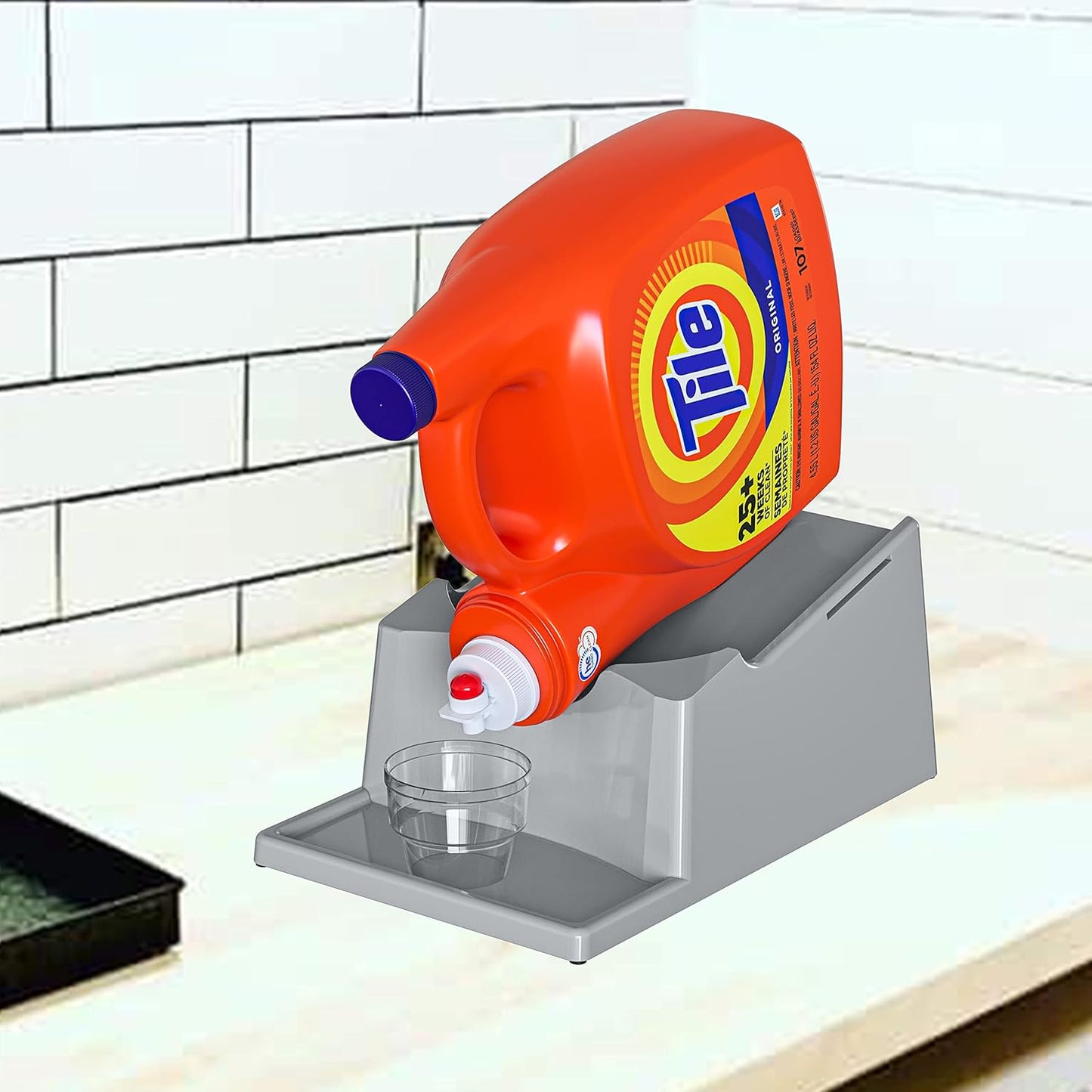 Skywin Laundry Detergent Holder Stand Organizer and Drip Tray for Laundry Room Organization,Non Slip Laundry Soap Holder for Liquid Laundry Detergent, Laundry Detergent Stand, No Strap (Grey)