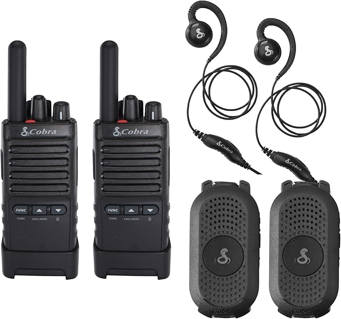 Cobra Business Radio Bundle – 4 Professional Walkie Talkies (2 PX280, 2 PX650) + 2 Headsets - Compact Long-Range Two-Way Radios, Dock Chargers, IP54 Durable, Rechargeable