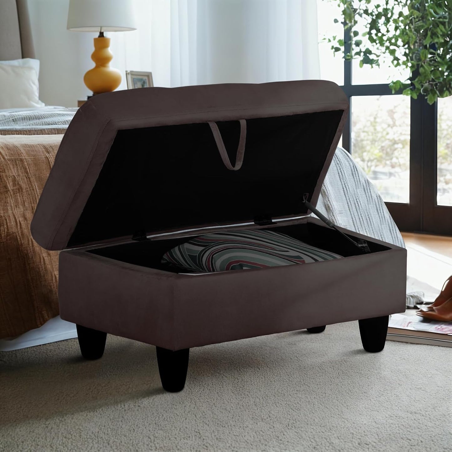 Ottoman Rectangular Storage Ottoman Bench, Flannel Footrest Stool Footstool with Lid for Living Room, Bedroom, Entryway, Dark Coffee, 28.5"x19"x17.5"