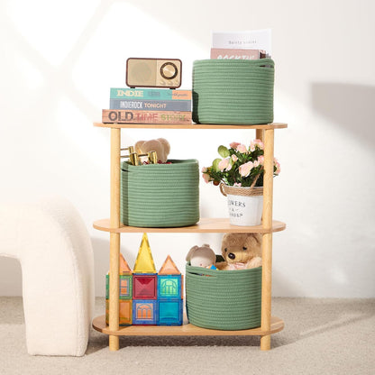 Small Basket for Organizing | Cube Shelf Closet Storage Baskets | 9.7×9.7×7.1” | Woven Rope Gift Basket | Nursery | Round 3 Packs Green