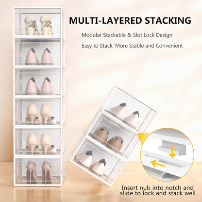 Secret Space 12 Pack XX Large Shoe Storage Organizer for Closet, Modular Space Saving Shoe Boxes Clear Plastic Stackable Containers Display Case Bins with Lids, Shoe Rack for Sneaker Storage, White02