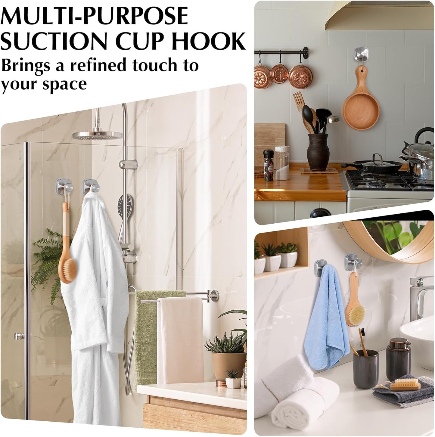 Suction Cup Hooks for Shower - Reusable No-Drill Mounting - Hooks for Towels, Robes & Loofah on Metal, Glass, Mirrors, Tile & Smooth Non-Porous Surfaces (2, Brushed Nickel)