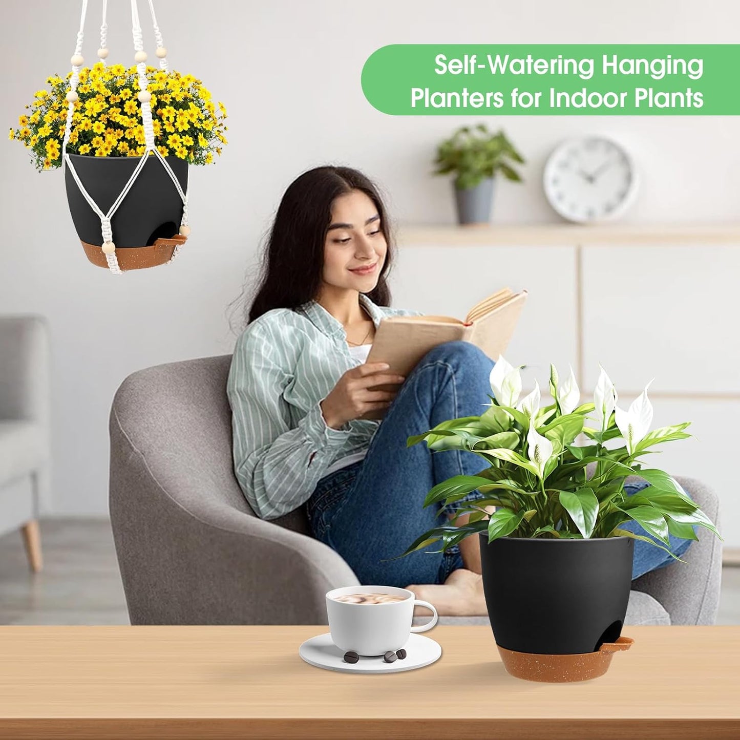 Hanging Planters for Indoor Outdoor Plants, 2 Pack Self Watering Hanging Pot with Drainage Holes, Removable Tray & 2 Kinds of Plant Hangers, 8'' Hanging Flower Pots for Home Garden Decor, Black