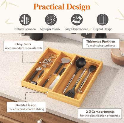 Lifewit Utensil Drawer Organizer, Expendable Cooking Silverware Tray for Kitchen Drawer, Bamboo Adjustable Cutlery Flatware Holder, Spatula Tools and Gadgets Storage Divider, 3 Compartments, Natural