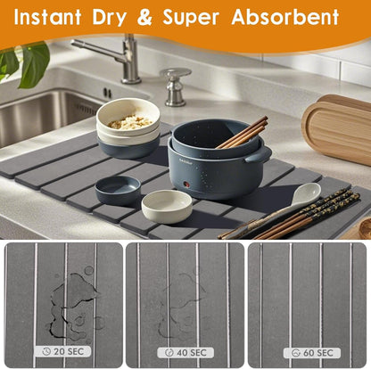 Large Stone Dish Drying Mats for Kitchen Counter, Foldable Quick Drying Mats, Eco-Friendly, diatomaceous earth bath mat, tapete de piedra absorbente para cocina 24" L x 16" W Inches (DARK GREY, LARGE)