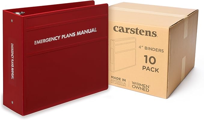 Carstens 4-Inch Heavy Duty Emergency Plans Round Ring Binder – Side Opening, Brick Red, Case of 10, Durable Plastic, No Pockets, Holds 600 Sheets, Made in USA (1891-3RCS)