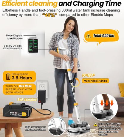 qimedo 800RPM Cordless Electric Mop, 6000mAh Battery Electric Power Scrubber & Mops for Floor Cleaning, Best Automatic Spin Mops with Smart Display,Rotating Mop with LED Light & Water Spray