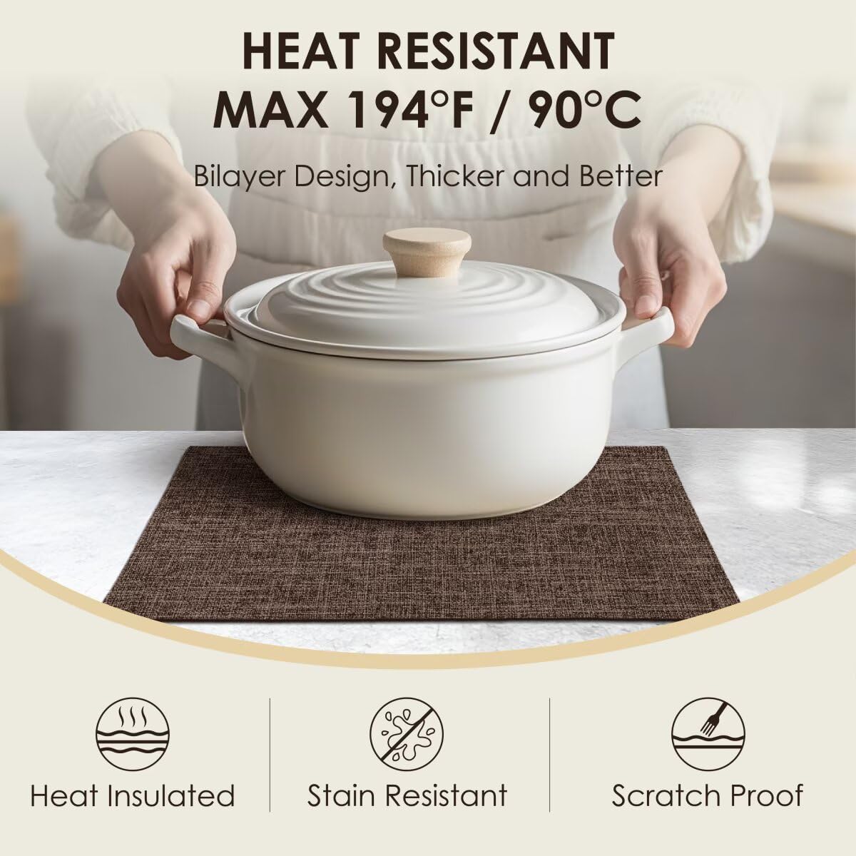 Placemats Set of 8, Bilayer Thickened Linen Place Mats Heat Resistant Machine Washable Wrinkle Free Carefully Selected Polyester Mats for Kitchen/Dining/Coffee Table (Burlap)