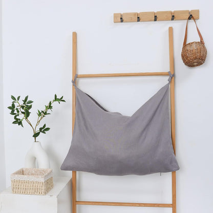 Hanging Linen Laundry Bag, 100% Pure Flax Linen Over The Door Hamper with Bottom Zipper for Laundry Room, Household Dirty Cloth Storage Organizer Bag, Gray