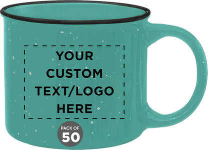 DISCOUNT PROMOS Custom Ceramic Campfire Coffee Mugs 13 oz. Set of 50, Personalized Bulk Pack - Perfect for Tea, Espresso, Cappuccino, Hot Cocoa - Mint