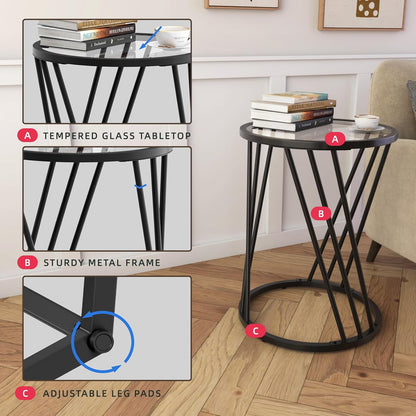 Round Side Table, Modern End Tables for Living Room Office Small Spaces, Glass Black End Table with Metal Frames, Nightstand for Bedroom, Bedside Furniture, Easy Assembly