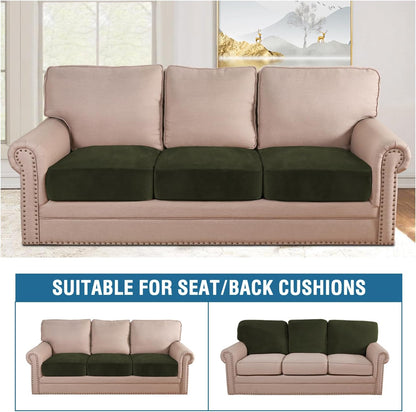 H.VERSAILTEX Velvet Stretch Couch Cushion Cover Plush Cushion Slipcover for Chair Loveseat Sofa Cushion Furniture Protector Seat Cushion Sofa Cover (3 Piece XL Sofa Cushion Covers, Olive)
