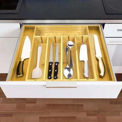 Kitchen Bamboo Silverware Drawer Organizer - Expandable Utensil Organizer for Flatware, Adjustable Cutlery & Knives. Ideal Utensil 7 Slots Total Drawer Organizer for Kitchen, Natural