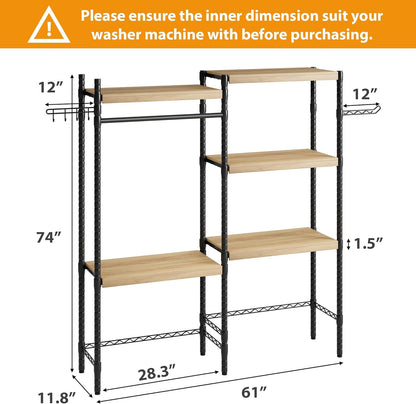 5-Tier Over-The-Washer Shelf - Adjustable 28" Laundry Organizer with 100lb Double Wood Shelves, Space-Saving Storage Unit for Small Homes (Natural & Black)