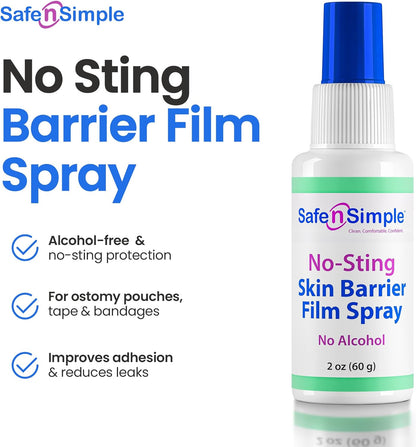 Safe n' Simple No Sting Barrier Film Spray - 2 Oz - Odor-Free Pre Tape Solution - No-Alcohol Skin Prep - Adult Adhesive Spray for Skin Protectant