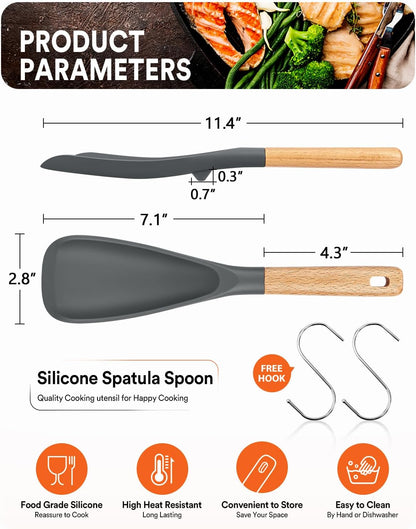 Cooking Spoon for Nonstick Cookwares, Great for Cooking and Serving Sturdy BPA-Free Matte Silicone, Wood Handle Spoon for Mixing, Scoop, and Scrape (2 Pack of Grey, 11.4 inch)