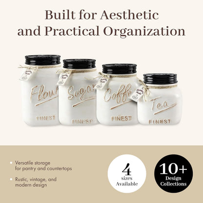 Young's 4 Piece Ceramic Canisters Sets for Kitchen, Country Style Ceramic Containers for Flour, Sugar, Tea and Coffee, Storage Containers with Lids 10.75"
