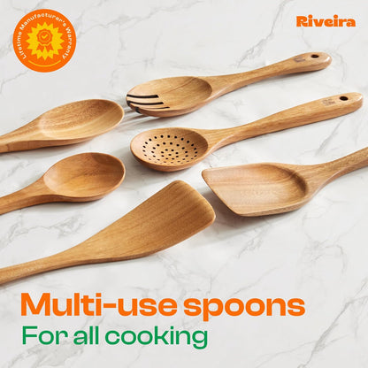 Riveira's 6-Piece Kitchen Essentials - Wooden Spoons for Cooking and Comprehensive Cooking Utensils Set