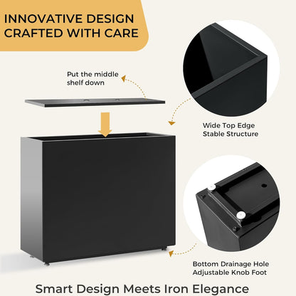 Tall & Long Metal Divider Planter 30W x 11D x 24H, Easy 5-Min Assembly, Outdoor Span Rectangular Planter Box with with Middle Shelf & Adjustable Feet, Versatile for Garden, Yard and Patio, Black