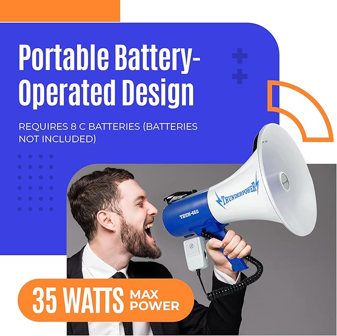 ThunderPower THUN450 Extra-Loud Megaphone Speaker – 35W Voice Amplifier for 1,400-Yard Range – Bullhorn Megaphone with Voice, Siren & Whistle Mode – Bull Horn Loud Speaker with Mic & Shoulder Strap