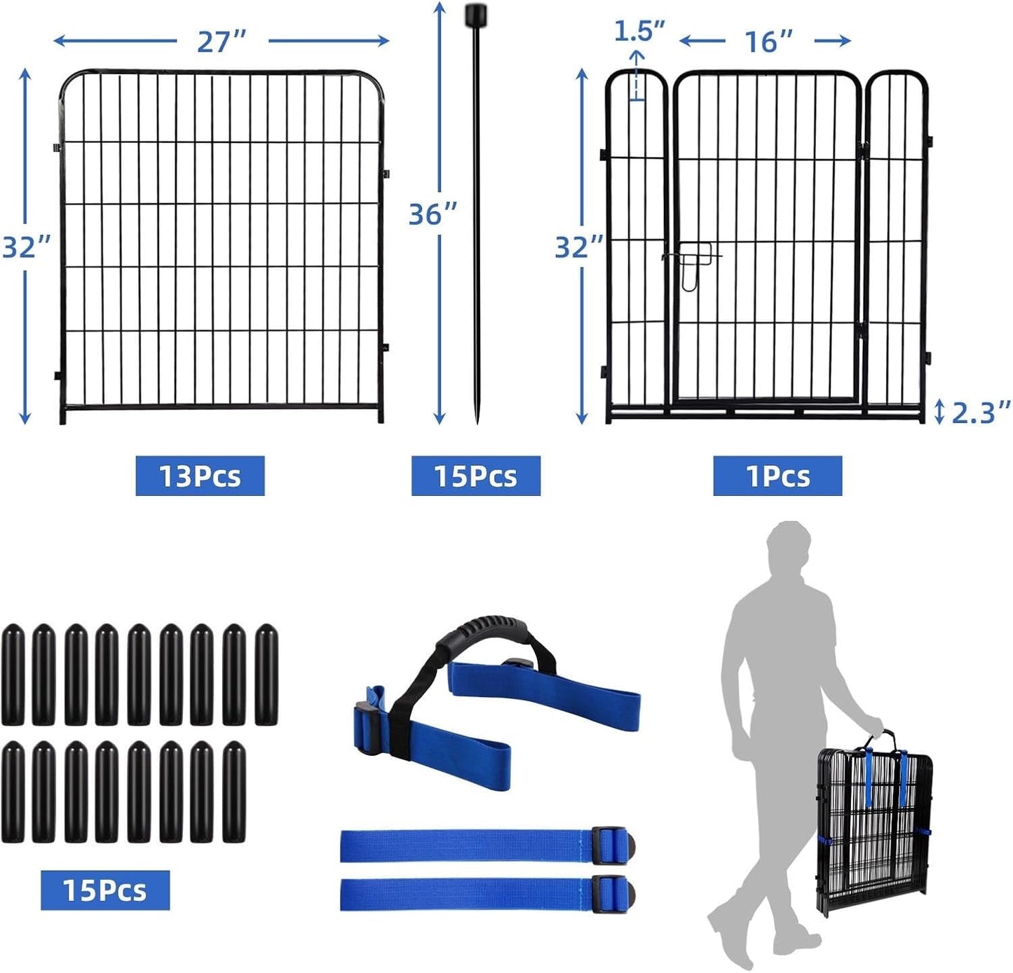 ADAVIN Garden Fence with Gate 32in(H) x 31 ft(L),14 Panels Black Heavy Duty Iron Metal Animal Barrier Fence, Indoor&Outdoor Dog Playpen, Camping Fence, No Dig Garden Border Fencing for Yard