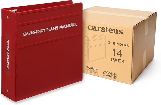 Carstens 3-Inch Heavy Duty Emergency Plans Round Ring Binder – Side Opening, Brick Red, Case of 14, Durable Plastic, No Pockets, Holds 400 Sheets, Made in USA (1730-3RCS)