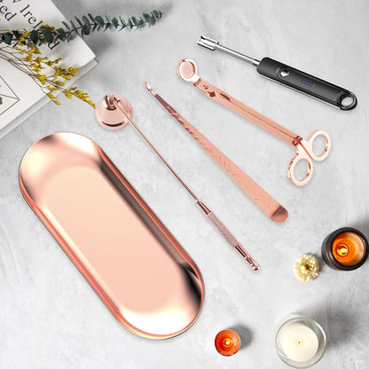 Lsnisni 5Pcs Accessory Set With Rechargeable Electric Lighter, Storage Tray, Wick Trimmer, Snuffer, Dipper, Stainless Steel Care Kit Gift Package for Candle Lover Rose Gold