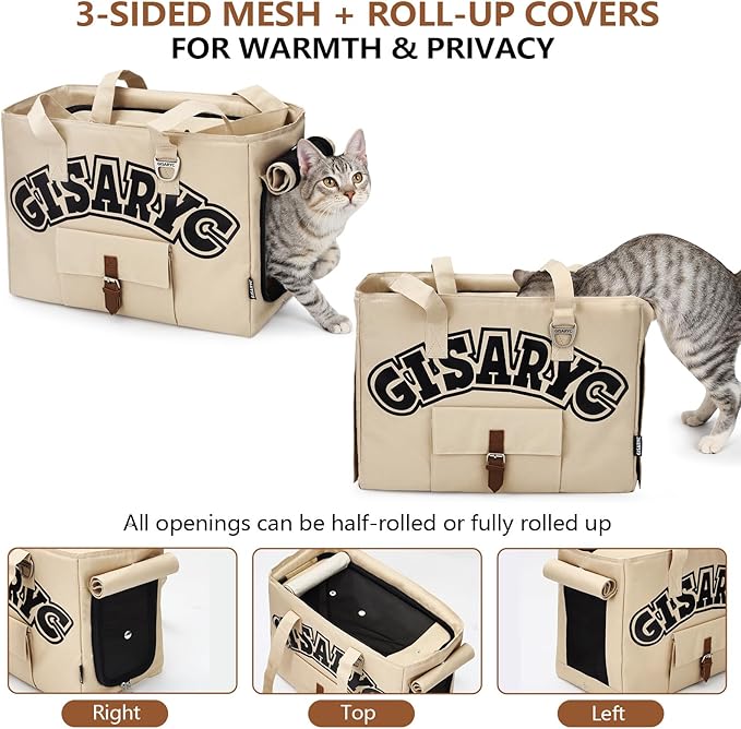 Dog Purse Carrier for Small Dogs, Cats and Puppies – Soft-Sided Foldable Pet Travel Bag with Multi Pockets, 3-Sided Mesh & Rollable Cover for Nervous Cats, Fits Pets up to 15 lbs (Beige)