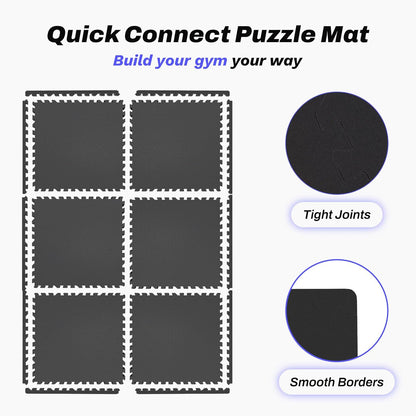 AIRHOP 0.56in Thick 24 Sq Ft Exercise Equipment Mats, 6 Tiles Upgraded Rubber Top with High Density EVA Foam, Large Interlocking Puzzle Gym Flooring for Home Gym, Heavy Weight Workout,Black