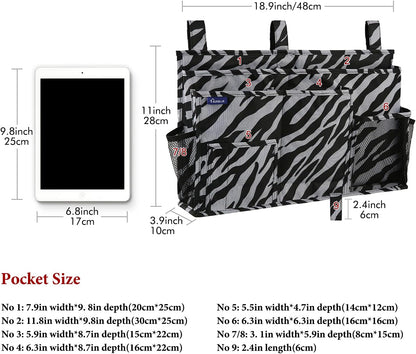 Surblue Bedside Caddy Hanging Organizer Storage Bag Pocket for Bunk, Hospital, College Dorm Rooms, Baby Bed Rails, Camp - 8 Pockets (Large, Zebra)