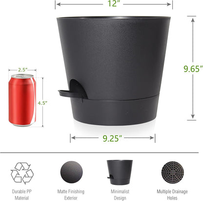 Self Watering Pots for Indoor Plants,12 inch Planters with Drainage Holes Plastic Flower Pots with Deep Reservoir, Black