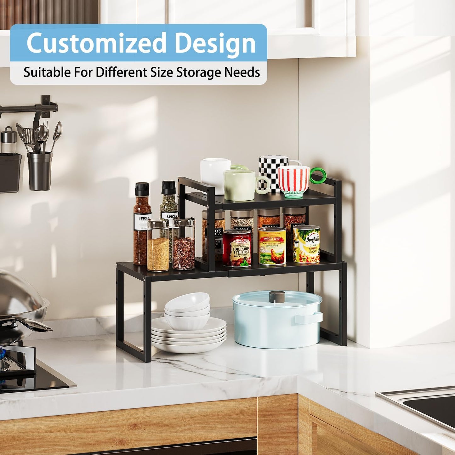 2 Pack Expandable Kitchen Cabinet Shelves Organizer,Heavy Duty Metal Shelving Units and Storage,Stackable Adjustable Kitchen Storage Organization Shelves Rack for Counter Cupboard Pantry,Length:20.5"