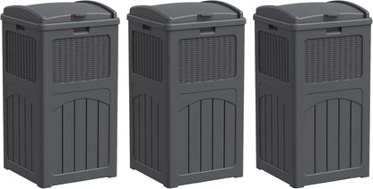 Greesum 33 Gallon Outdoor Trash Can with Lid, Waterproof Resin Garbage Bin for Hideaway, Deck, Patio, 3 Pack, Gray