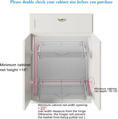 DINDON 2 Tier Pull Out Cabinet Organizer (20" W X 18" D), Double Tier Wire Basket Slide Out Shelf Storage for Kitchen Base Cabinet Organization for Kitchen, Pantry, Bathroom, Chrome