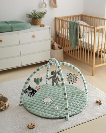 Blissful Diary Baby Play Gym Mat, Tummy Time Mat with 6 Detachable Toys for Stage-Based Sensory & Motor Skill Development, Baby Activity Mat Easy to Install & Clean, Baby Essentials Gift, Sage Green