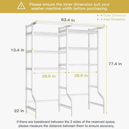 Ulif U13 Over Washer and Dryer Storage Shelves, 6 Tiers Laundry Room Standing Shelf with 2 Hanger Rods, Space Saver Clothes Drying Rack, 63.4" W x 22" D x 77.4" H, White