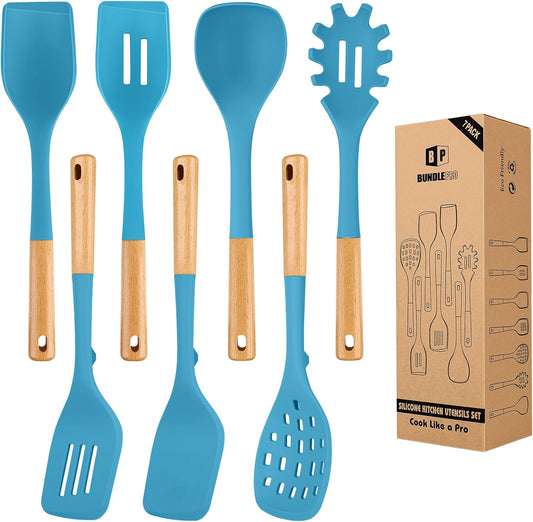 Silicone Kitchen Utensil Set for Non Stick Cookware, 7 Pcs Heat Resistant Cooking Utensils with Wooden Handle, BPA Free Kitchen Tools with Spatulas, Spoons, Skimmer and Pasta Fork (BLUE)