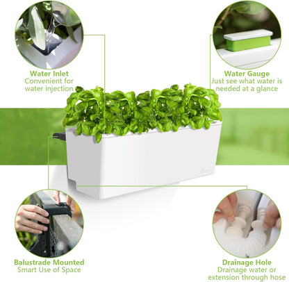 Glowpear Self Watering Railing Planter Box - 23.6", White - UV Stable, Scalable Plant Pot with Water Gauge, Indoor Outdoor for Vegetables, Flowers, Herbs, and Succulents