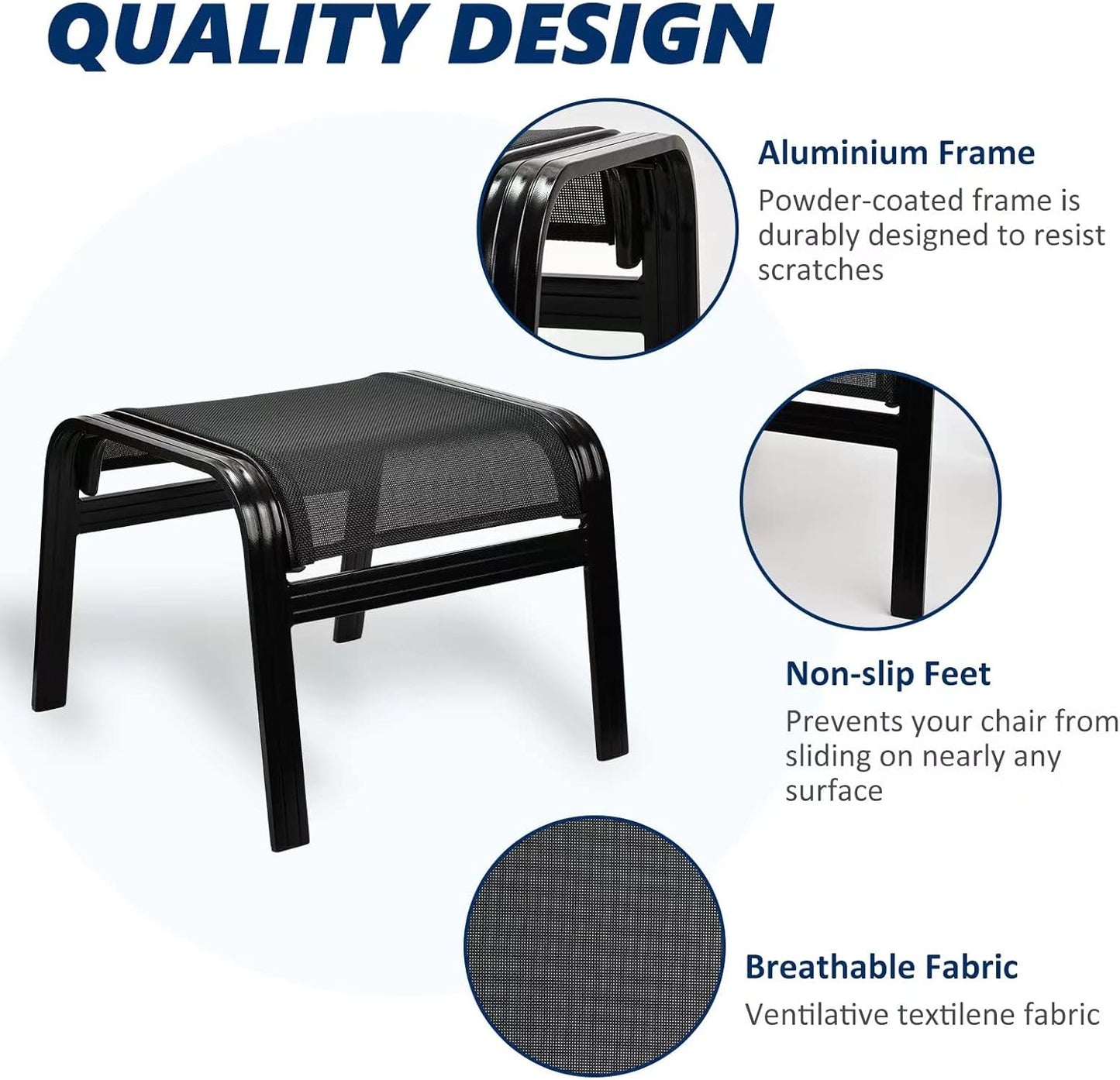 Patio Outdoor Ottoman Assembled Aluminum Footstools Small Seat Side Table Footrest for Balcony, Poolside 2 Set Black