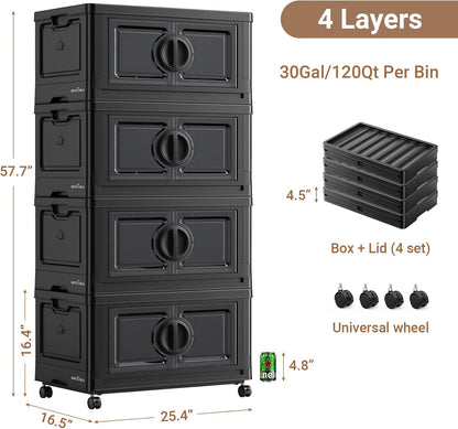 BROVIEW 480Qt Lockable Stackable Storage Bins with Lids, Closet Organizers and Storage Drawer, Collapsible Storage Bin with Wheels, Plastic Cabinet for Toy Clothes Dorm Organizer, V9 4 Pack Black