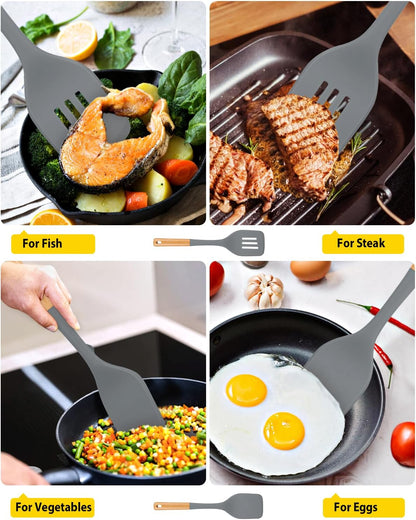 Pack of 2 Large Silicone Spatula, Heat Resistant Solid Turner, Non Stick Slotted Spatulas with Wooden Handle, Ideal Kitchen Utensils for Flipping, Pancakes, Eggs, Fish(GRAY)