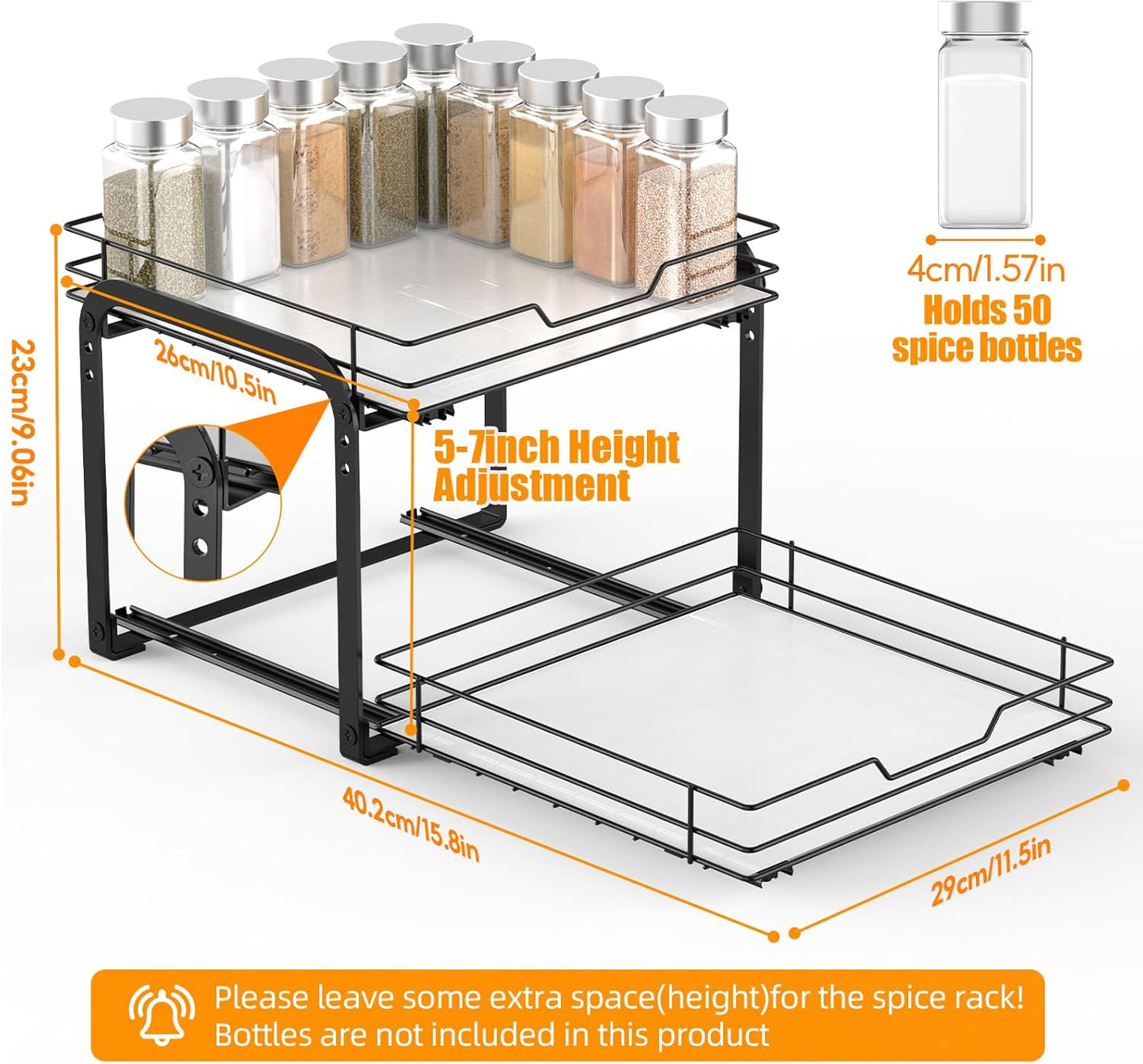 Spice Rack Organizer for Cabinet, 2 Tier Pull Out Spice Rack – Heavy Duty Metal Spice Organization for Cabinet, 50-Jar Capacity, Height Adjustable Cabinet Organizer (11.5W" X 10.5"D X 9"H, Black)