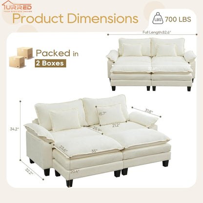 URRED Modular Sectional Sofa Comfy Cloud Couch, Modern Chenille Sofa Sleeper Deep Seat Couches with Ottoman/Pillows for Living Room (White, 82.6''- 2 Ottomans)