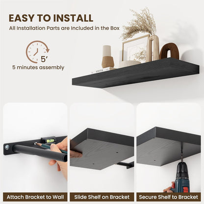 Fun Memories Floating Shelves for Wall 10 Inch, 10 Inch Deep Square Wall Shelves, Bathroom Storage Shelves Over Toilet, Wood Floating Shelves for Living Room Bedroom, Black, Set of 2